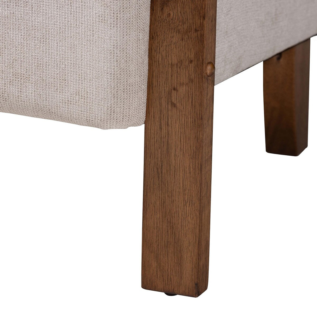 Canapé Sage Modern Japandi en tissu gris clair et bois finition marron noyer avec rotin tressé