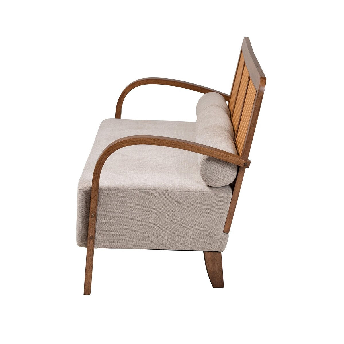 Canapé Sage Modern Japandi en tissu gris clair et bois finition marron noyer avec rotin tressé