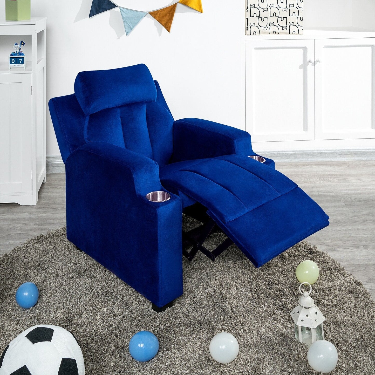 Fauteuil inclinable de luxe pour enfants avec repose-pieds, appui-tête et 2 porte-gobelets Fauteuil inclinable en microfibre pour enfants de 3 ans et plus