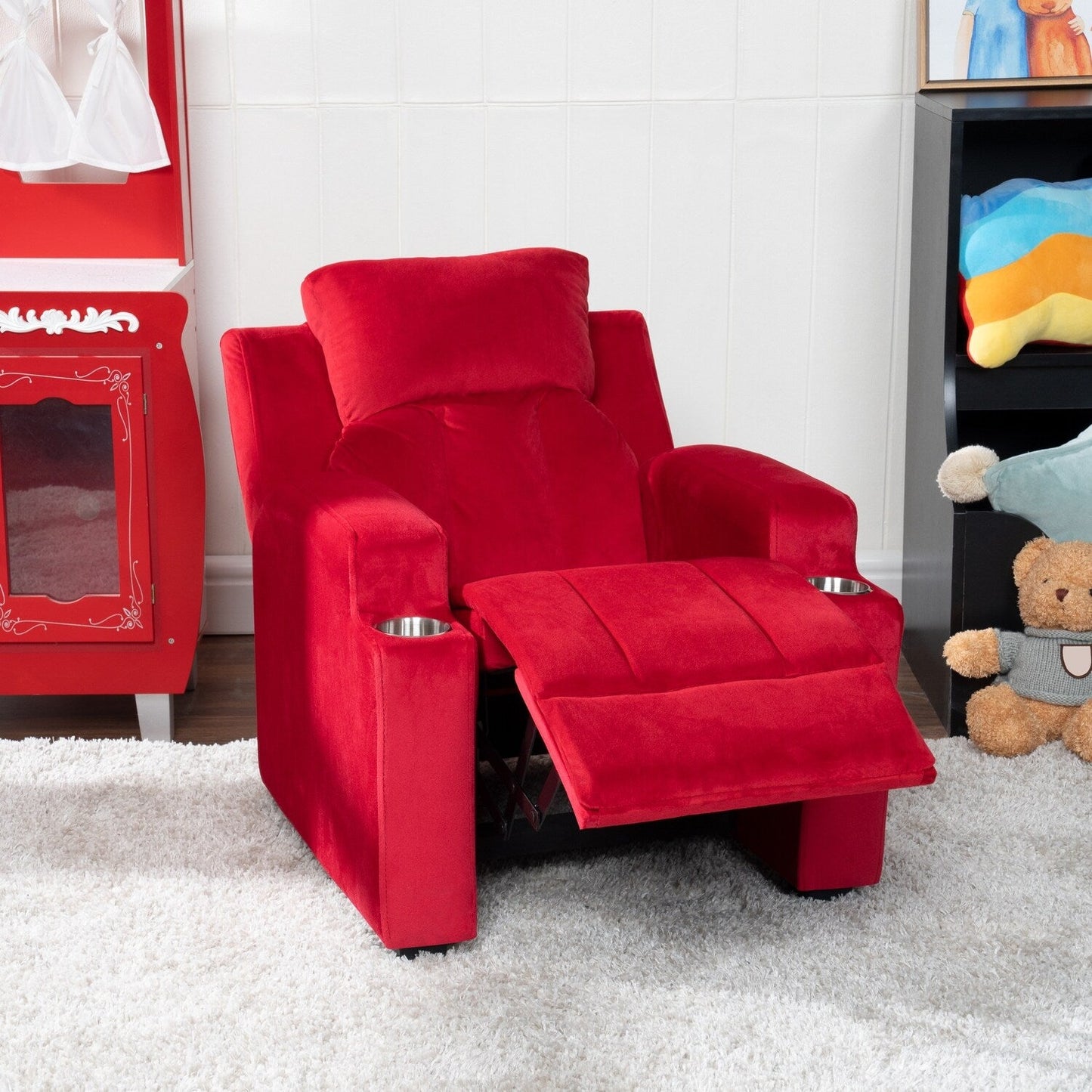 Fauteuil inclinable de luxe pour enfants avec repose-pieds, appui-tête et 2 porte-gobelets Fauteuil inclinable en microfibre pour enfants de 3 ans et plus