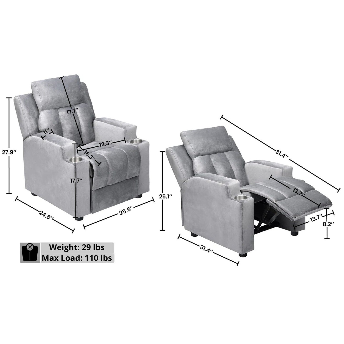 Fauteuil inclinable de luxe pour enfants avec repose-pieds, appui-tête et 2 porte-gobelets Fauteuil inclinable en microfibre pour enfants de 3 ans et plus