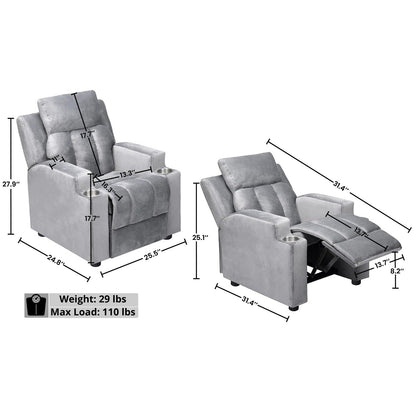 Fauteuil inclinable de luxe pour enfants avec repose-pieds, appui-tête et 2 porte-gobelets Fauteuil inclinable en microfibre pour enfants de 3 ans et plus