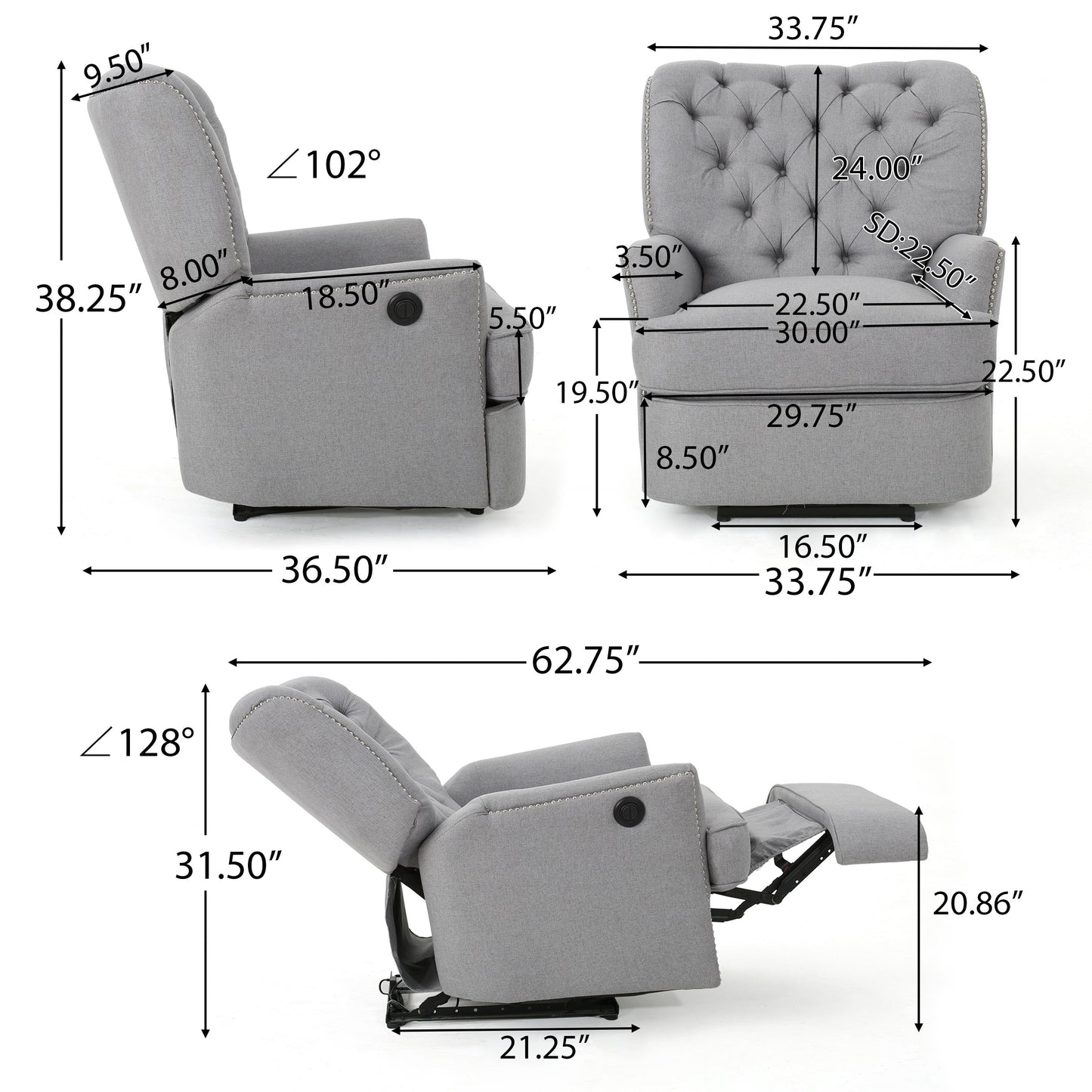 Fauteuil inclinable électrique en tissu capitonné Salomo par Christopher Knight Home