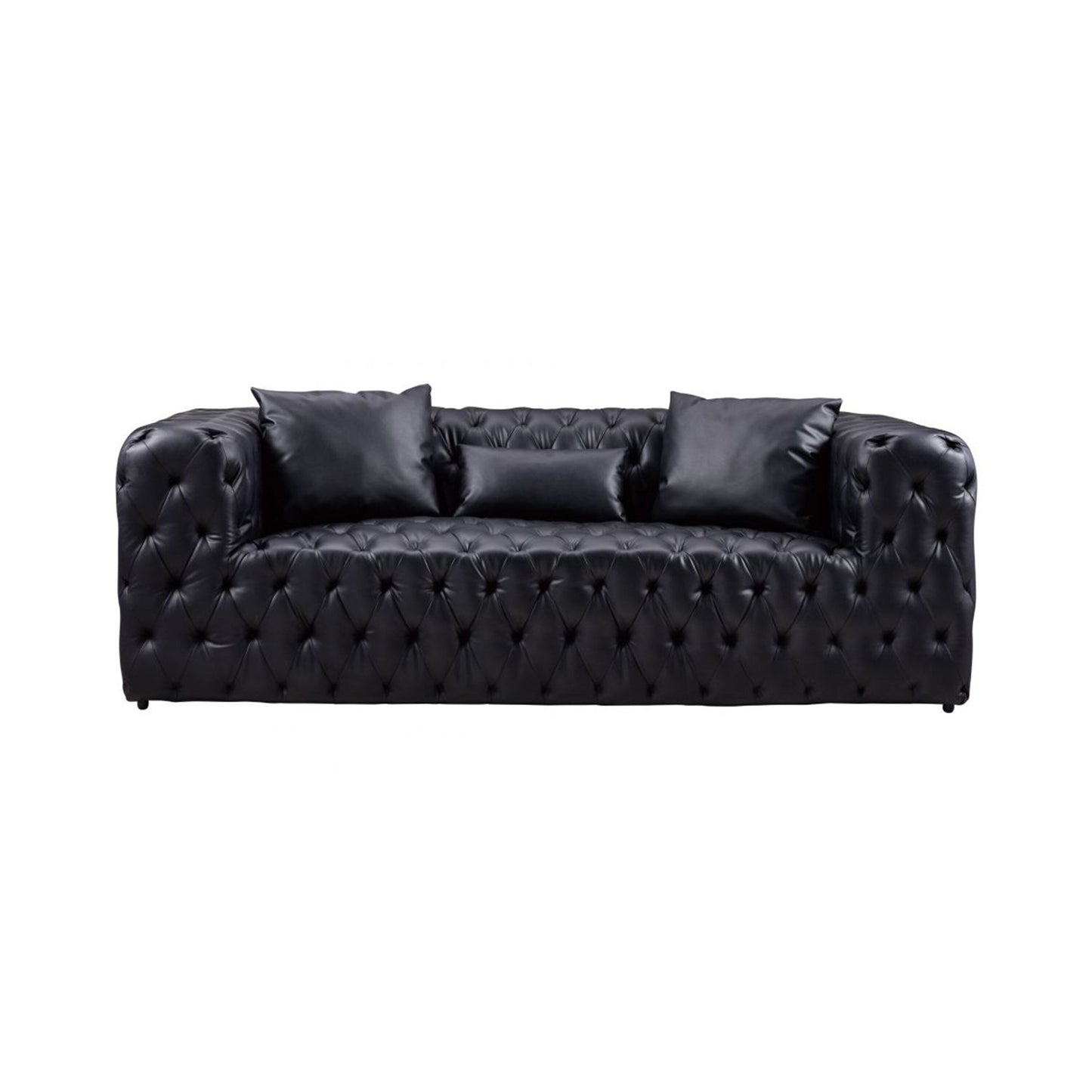 Canapé Sam, similicuir capitonné noir, coussins décoratifs, Chesterfield, 213 cm