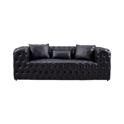 Canapé Sam, similicuir capitonné noir, coussins décoratifs, Chesterfield, 213 cm