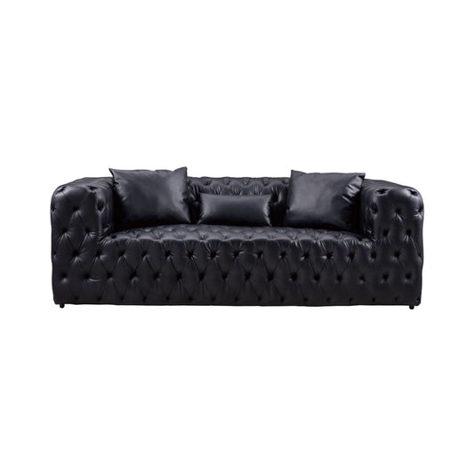 Canapé Sam, similicuir capitonné noir, coussins décoratifs, Chesterfield, 213 cm