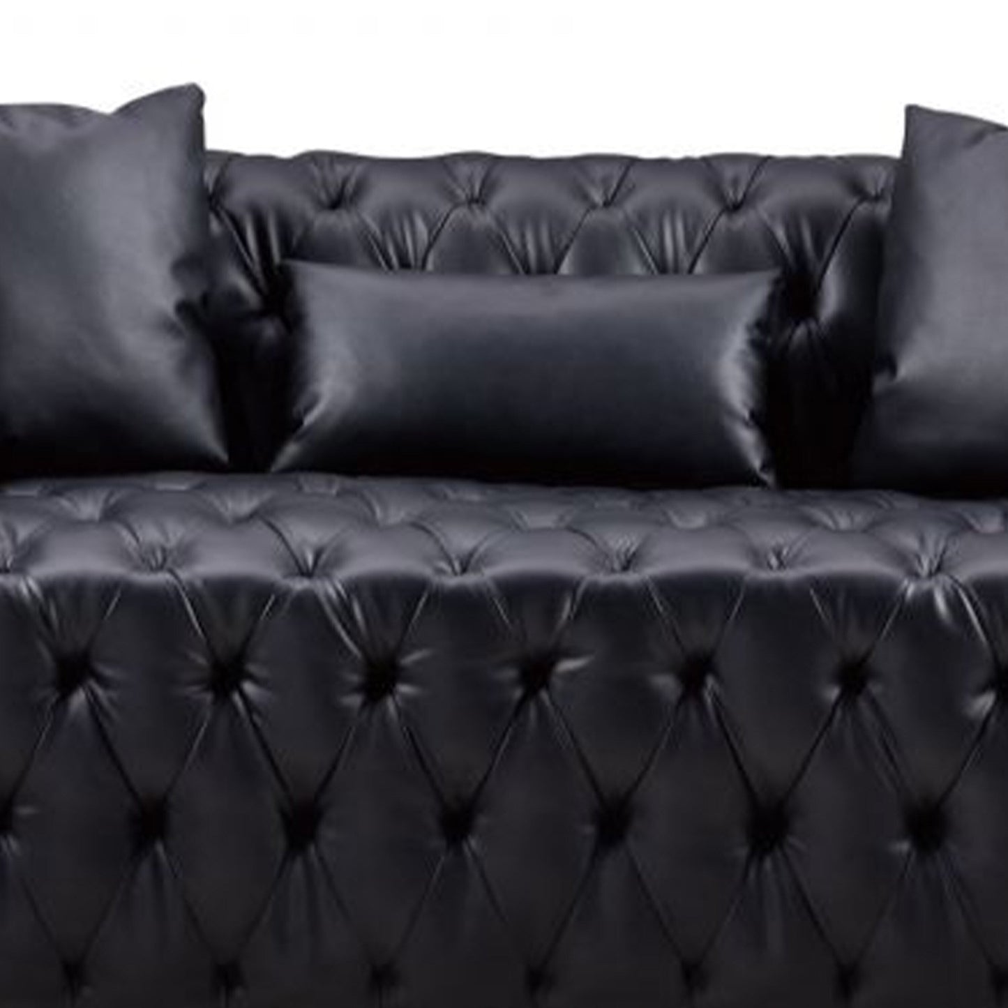 Canapé Sam, similicuir capitonné noir, coussins décoratifs, Chesterfield, 213 cm