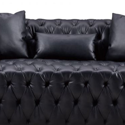 Canapé Sam, similicuir capitonné noir, coussins décoratifs, Chesterfield, 213 cm