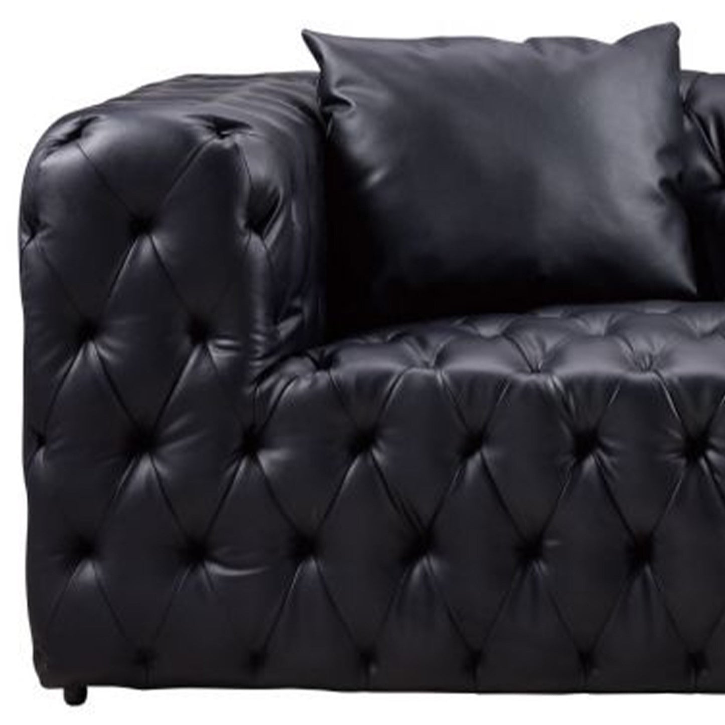Canapé Sam, similicuir capitonné noir, coussins décoratifs, Chesterfield, 213 cm