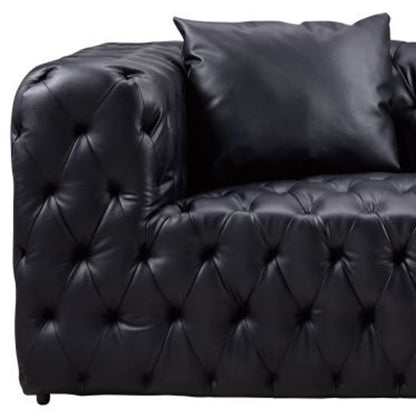 Canapé Sam, similicuir capitonné noir, coussins décoratifs, Chesterfield, 213 cm