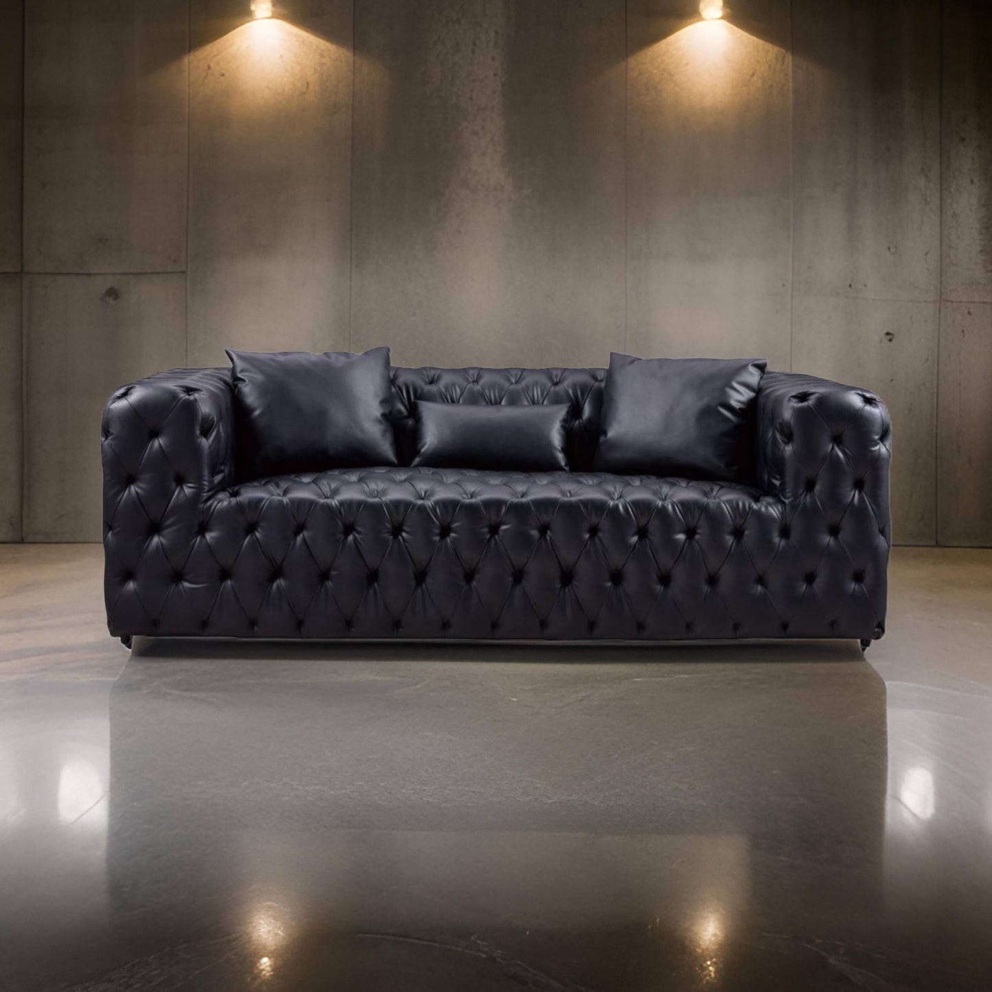 Canapé Sam, similicuir capitonné noir, coussins décoratifs, Chesterfield, 213 cm