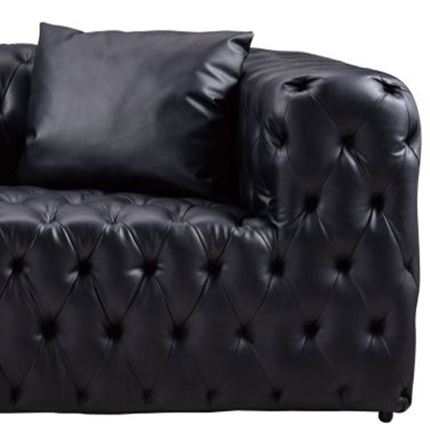 Canapé Sam, similicuir capitonné noir, coussins décoratifs, Chesterfield, 213 cm