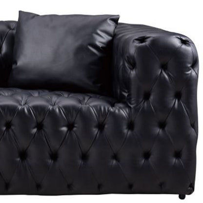 Canapé Sam, similicuir capitonné noir, coussins décoratifs, Chesterfield, 213 cm