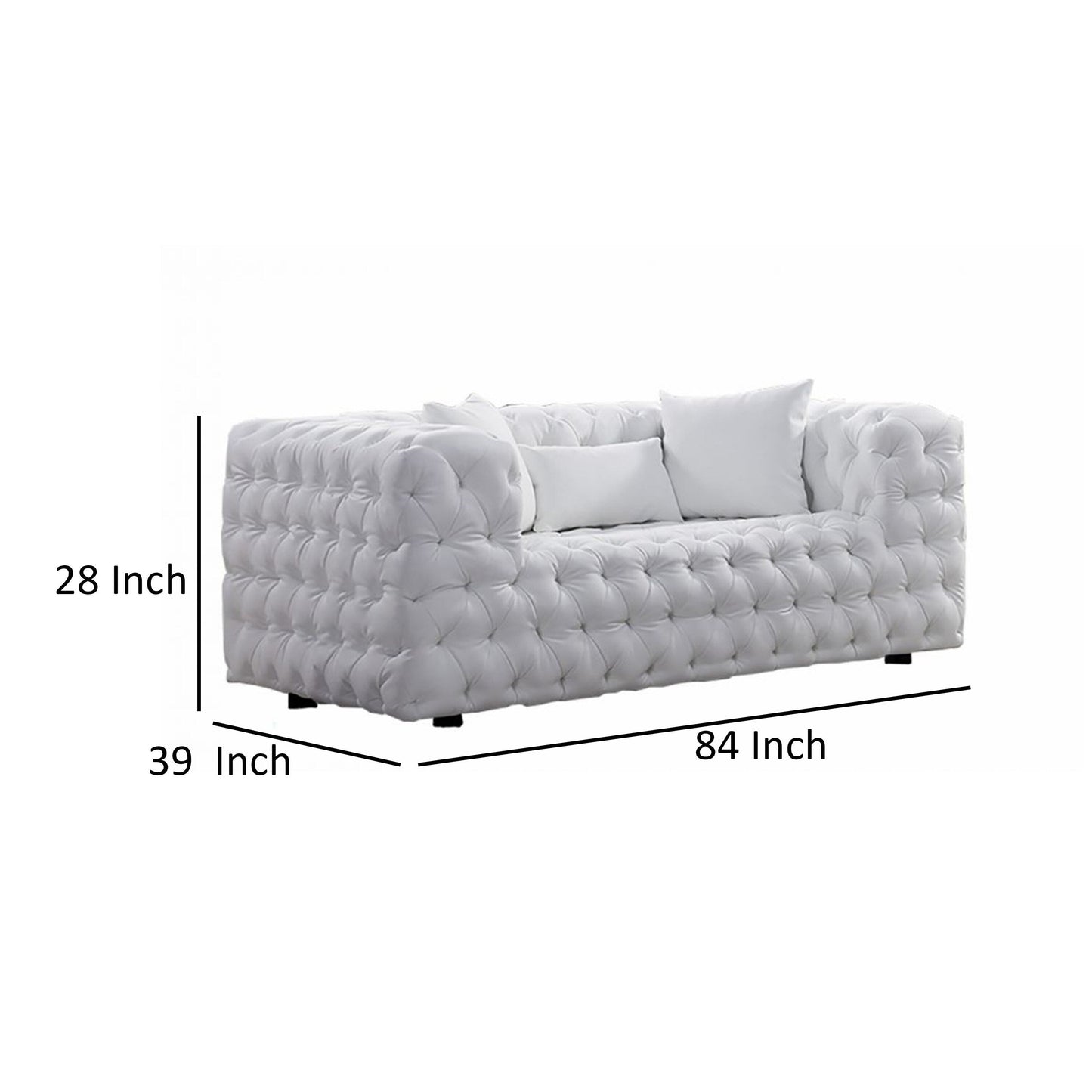 Canapé Sam, similicuir capitonné blanc, coussins décoratifs, Chesterfield, 213 cm