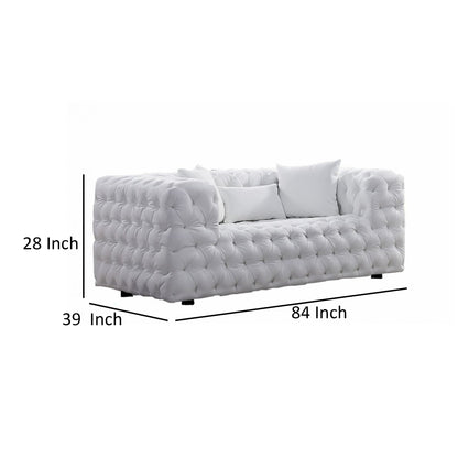 Canapé Sam, similicuir capitonné blanc, coussins décoratifs, Chesterfield, 213 cm
