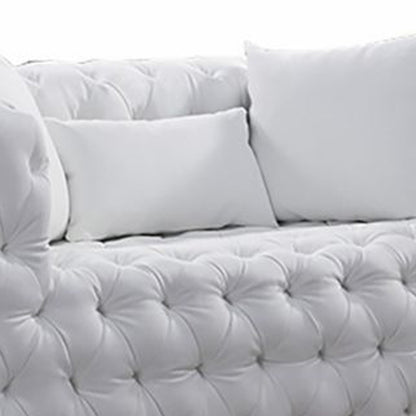 Canapé Sam, similicuir capitonné blanc, coussins décoratifs, Chesterfield, 213 cm