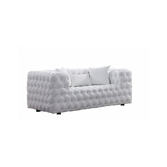 Canapé Sam, similicuir capitonné blanc, coussins décoratifs, Chesterfield, 213 cm