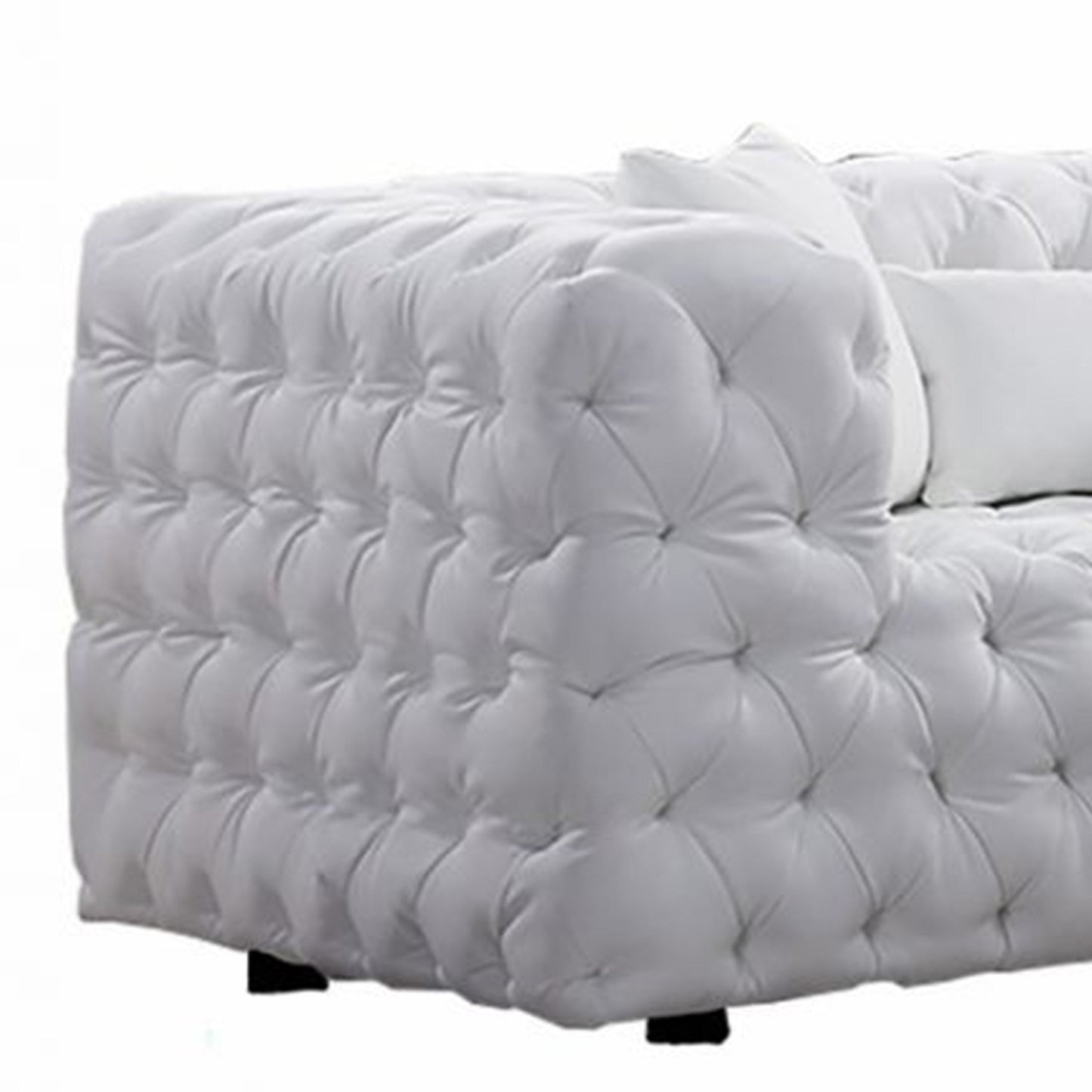 Canapé Sam, similicuir capitonné blanc, coussins décoratifs, Chesterfield, 213 cm