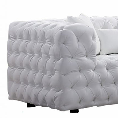 Canapé Sam, similicuir capitonné blanc, coussins décoratifs, Chesterfield, 213 cm