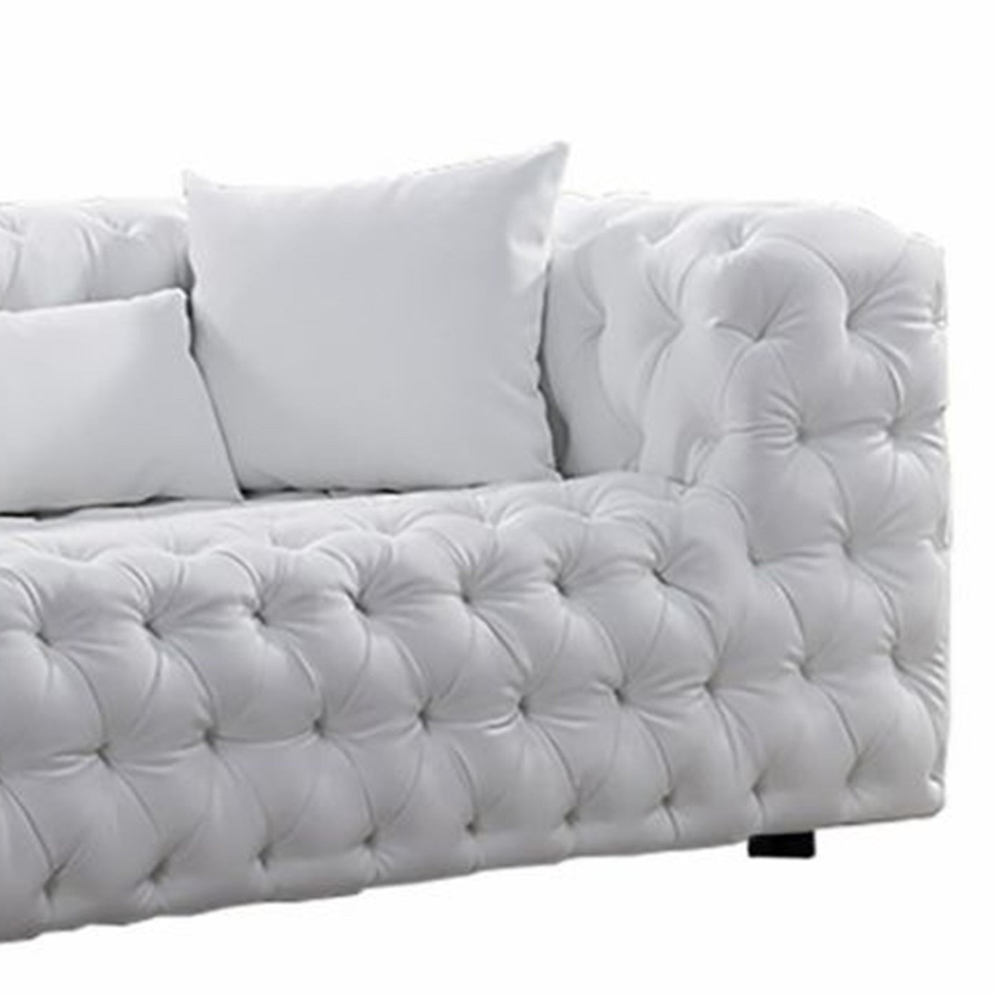Canapé Sam, similicuir capitonné blanc, coussins décoratifs, Chesterfield, 213 cm