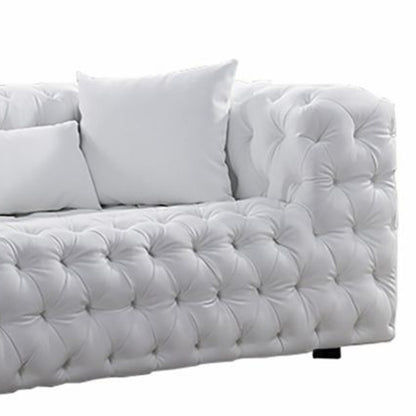Canapé Sam, similicuir capitonné blanc, coussins décoratifs, Chesterfield, 213 cm