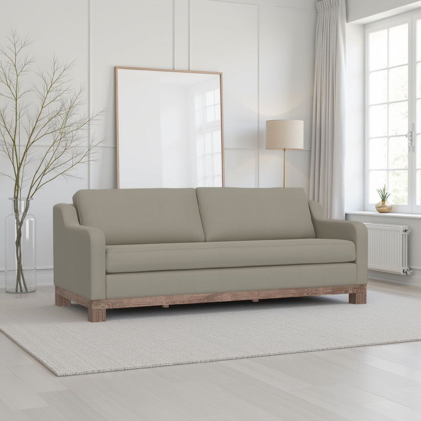 Canapé Sama, 2 coussins, 230 cm, assise style banc, polyester gris amande