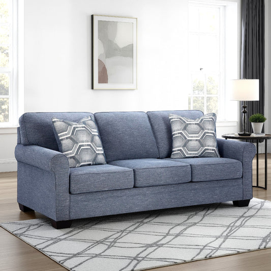 Canapé-lit Sano Queen, polyester bleu, 2 coussins décoratifs, 223 cm
