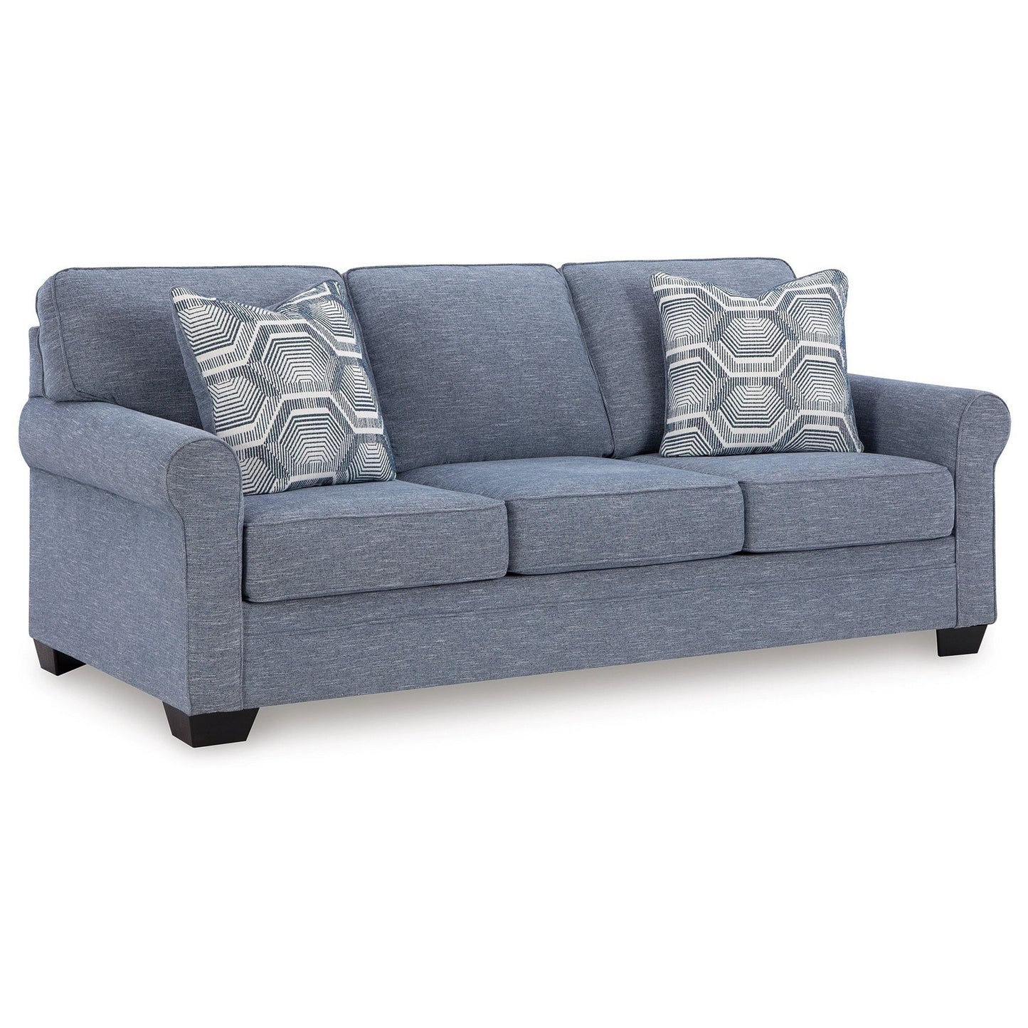 Canapé-lit Sano Queen, polyester bleu, 2 coussins décoratifs, 223 cm