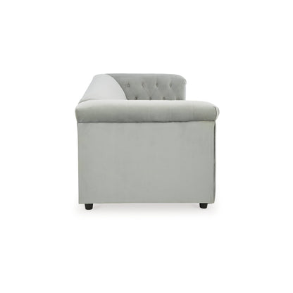 Canapé Sanoi, 92 pouces, capitonné, velours gris doux, garnitures cloutées