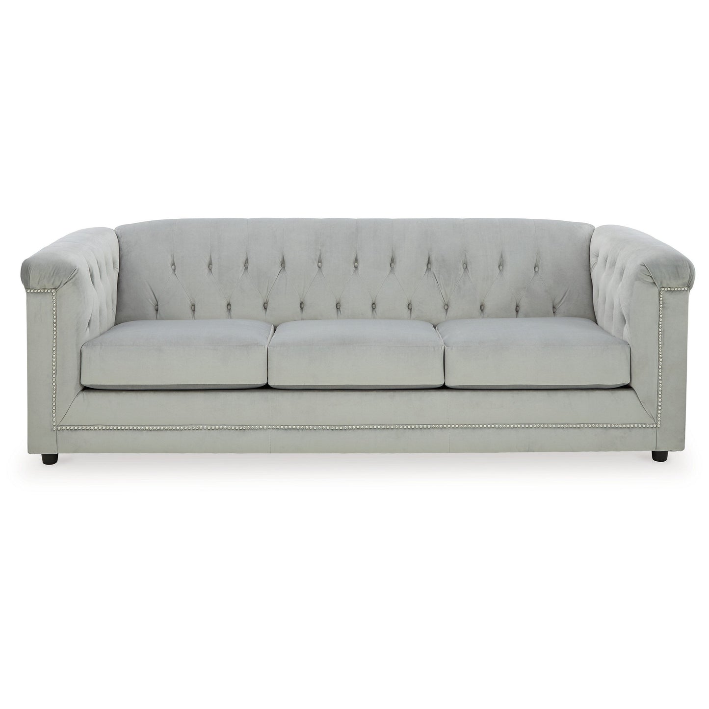 Canapé Sanoi, 92 pouces, capitonné, velours gris doux, garnitures cloutées