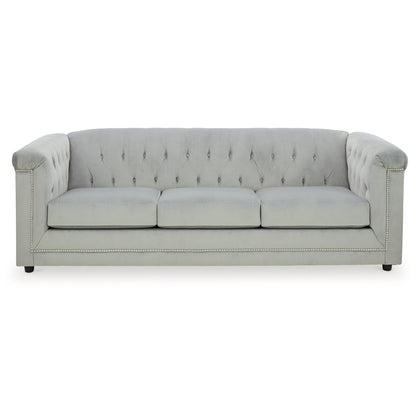 Canapé Sanoi, 92 pouces, capitonné, velours gris doux, garnitures cloutées