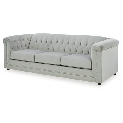 Canapé Sanoi, 92 pouces, capitonné, velours gris doux, garnitures cloutées