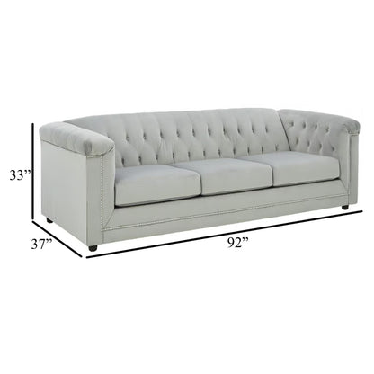 Canapé Sanoi, 92 pouces, capitonné, velours gris doux, garnitures cloutées