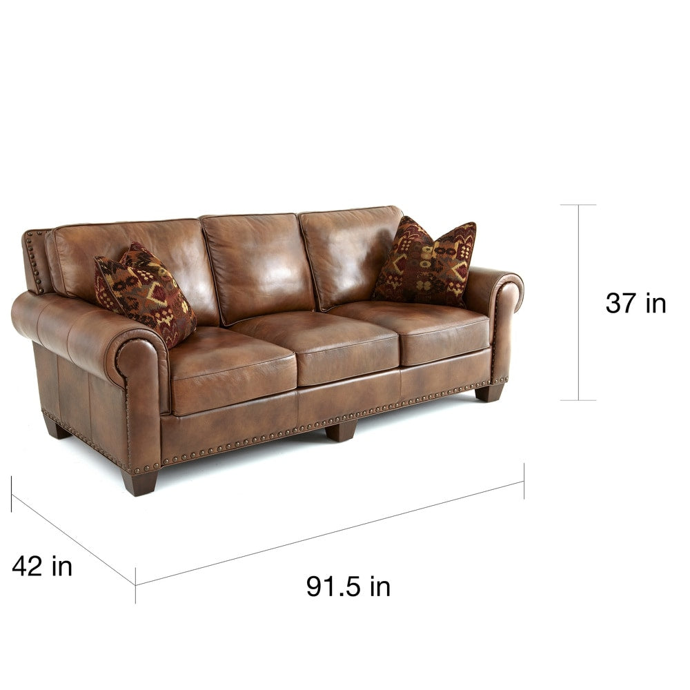 Canapé en cuir pleine fleur Steve Silver Sanremo avec garniture cloutée et coussins décoratifs