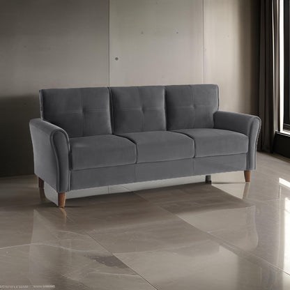 Canapé Sarah 80 pouces, velours gris, capitonnage surpiqué, coussins réversibles