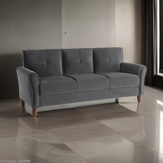 Canapé Sarah 80 pouces, velours gris, capitonnage surpiqué, coussins réversibles