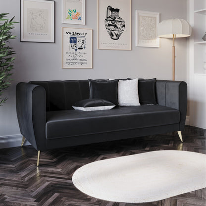 Canapé 3 places en velours Scarlett avec accoudoirs évasés et 4 coussins décoratifs