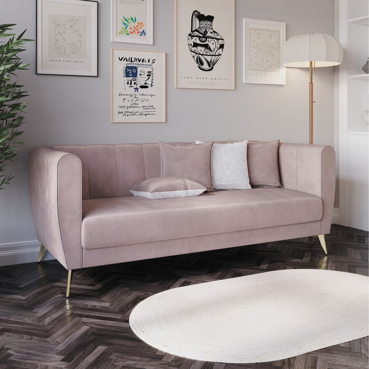 Canapé 3 places en velours Scarlett avec accoudoirs évasés et 4 coussins décoratifs