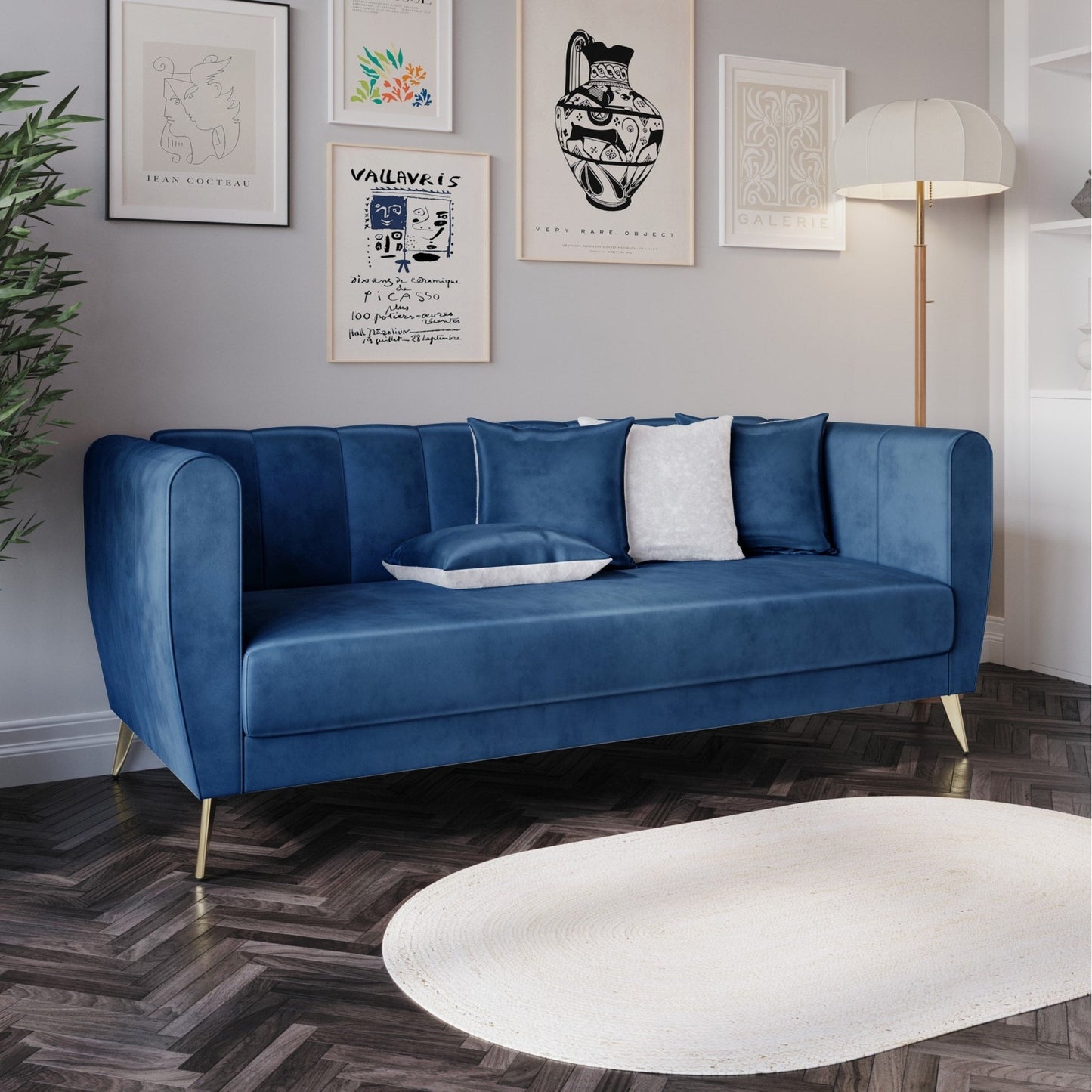 Canapé 3 places en velours Scarlett avec accoudoirs évasés et 4 coussins décoratifs