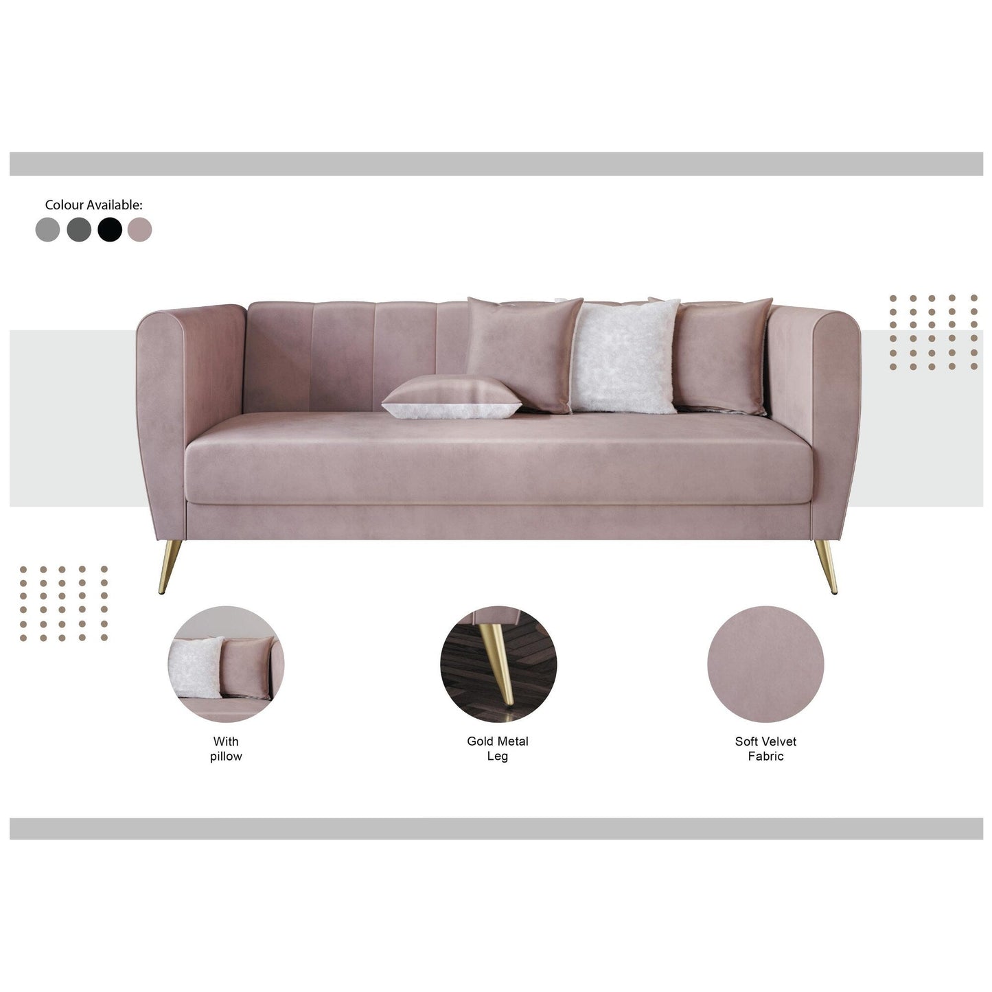 Canapé 3 places en velours Scarlett avec accoudoirs évasés et 4 coussins décoratifs