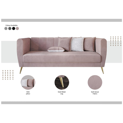 Canapé 3 places en velours Scarlett avec accoudoirs évasés et 4 coussins décoratifs