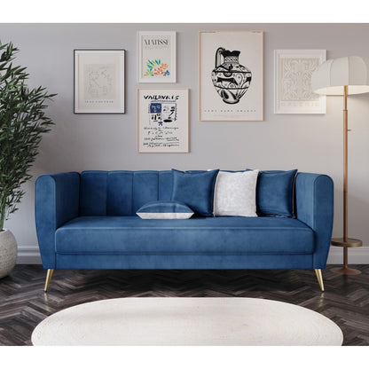 Canapé 3 places en velours Scarlett avec accoudoirs évasés et 4 coussins décoratifs