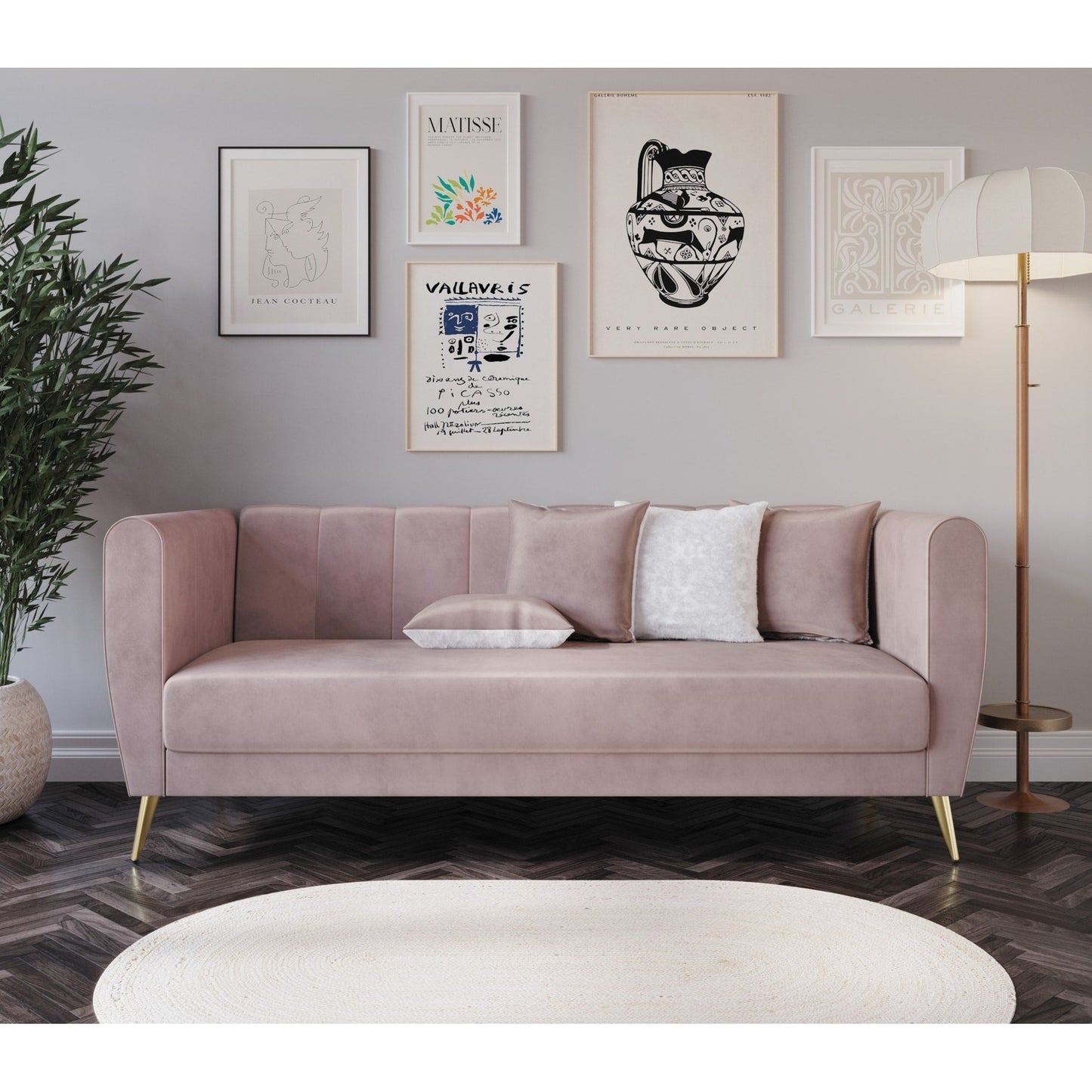 Canapé 3 places en velours Scarlett avec accoudoirs évasés et 4 coussins décoratifs