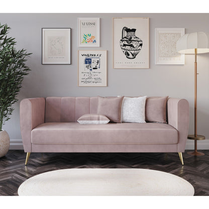 Canapé 3 places en velours Scarlett avec accoudoirs évasés et 4 coussins décoratifs