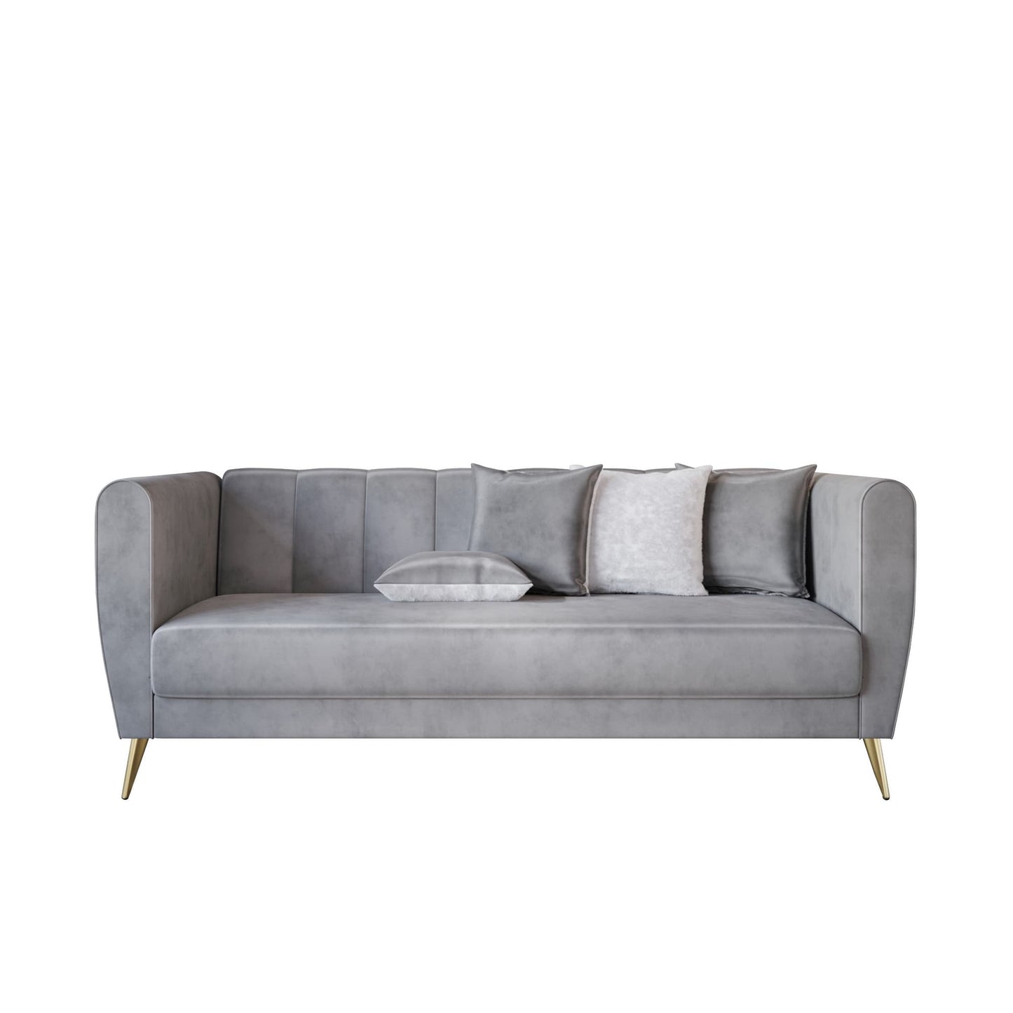 Canapé 3 places en velours Scarlett avec accoudoirs évasés et 4 coussins décoratifs