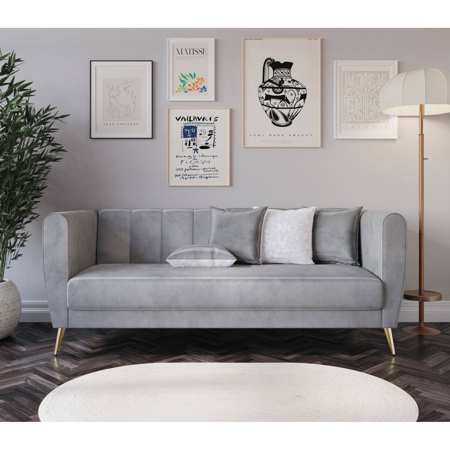 Canapé 3 places en velours Scarlett avec accoudoirs évasés et 4 coussins décoratifs