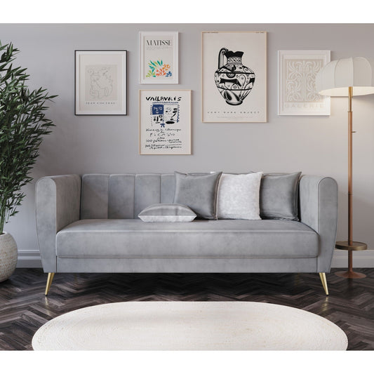 Canapé 3 places en velours Scarlett avec accoudoirs évasés et 4 coussins décoratifs