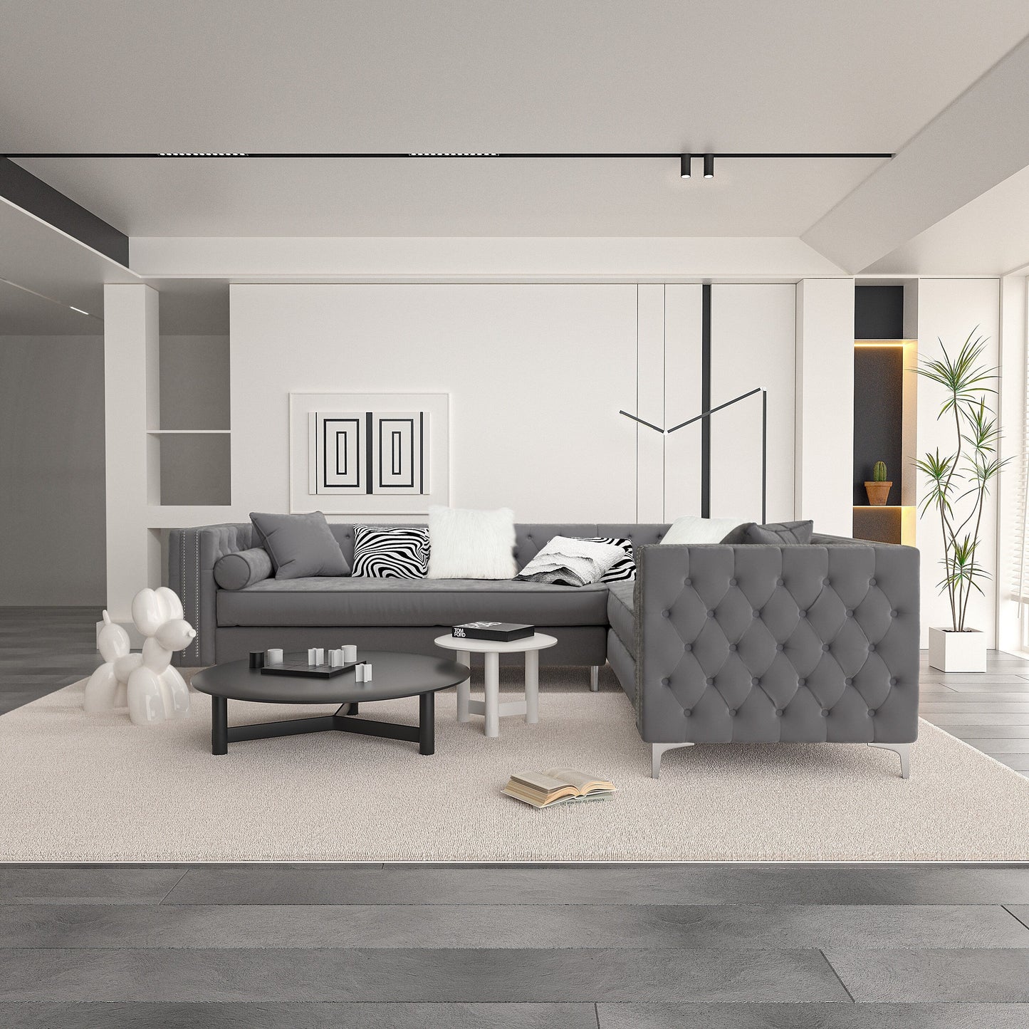 Canapé sectionnel capitonné en velours pour salon