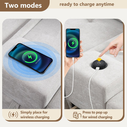 Canapé sectionnel avec plateau de table, ensemble de canapé en U en chenille avec 2 consoles, chargeur USB, tiroirs et poches de rangement, pouf