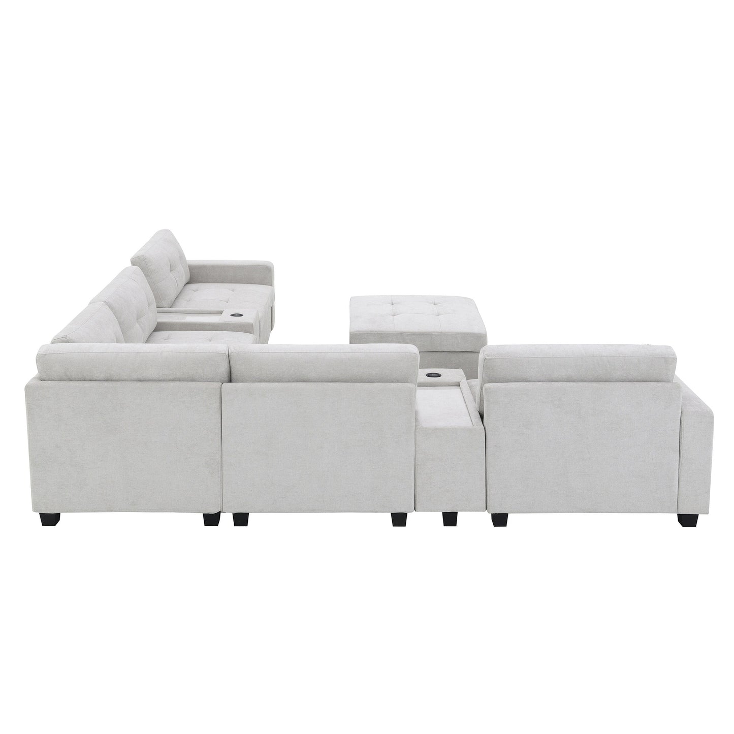 Canapé sectionnel avec plateau de table, ensemble de canapé en U en chenille avec 2 consoles, chargeur USB, tiroirs et poches de rangement, pouf